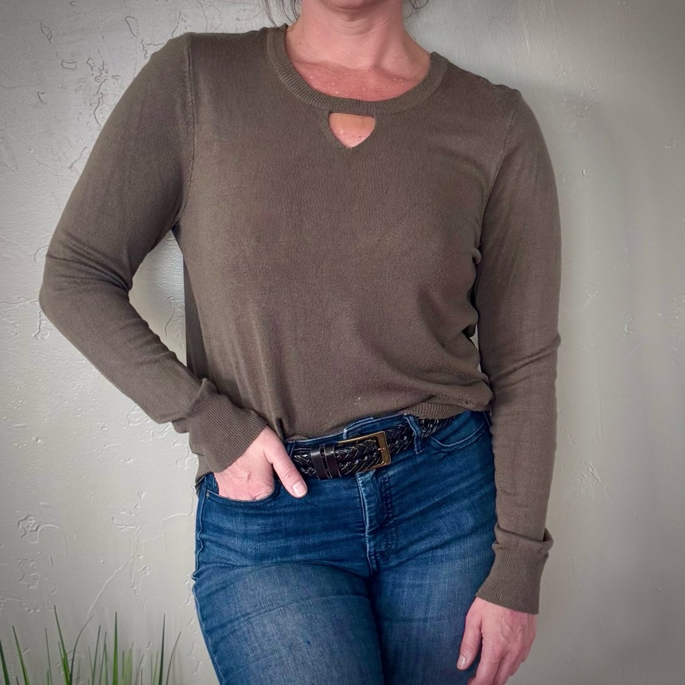One A Olive Green Long Sleeve Top with Front Cutout & Satin Back